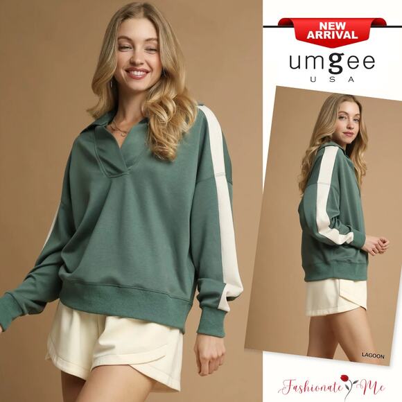 Umgee Color Block Long Sleeves Collared Neckline Oversized Sweatshirt | Lagoon - Picture 1 of 6